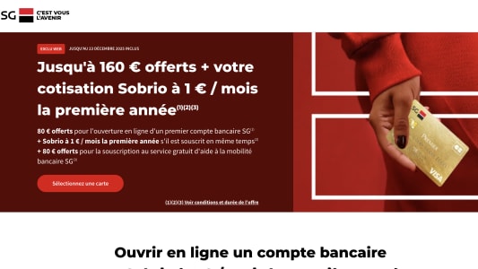 Capture du site SG (Société Générale) présentant l'offre de bienvenue 160 euros offerts