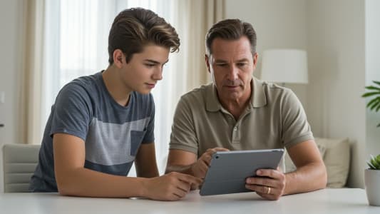 Homme et adolescent regardent ensemble une tablette dans un salon.