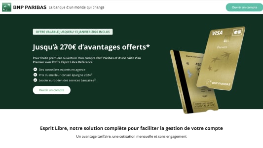 Capture du site BNP Paribas prsentant l'offre de bienvenue jusqu' 270 euros offerts