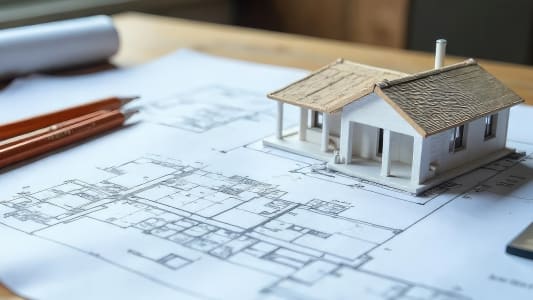 Modèle réduit de maison posé sur des plans architecturaux.