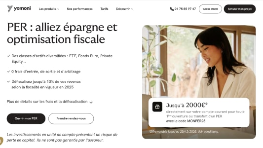 Capture du site yomoni pr�sentant le PER Yomoni retraite + et l'offre de bienvenue