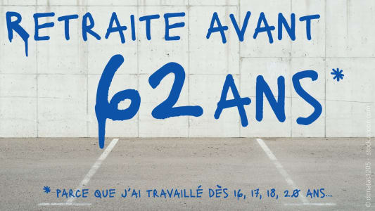 Message Retraite avant 62 ans peint sur un mur béton.