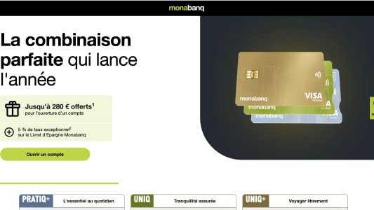 Capture du site monabanq présentant l'offre de bienvenue 280 euros offerts