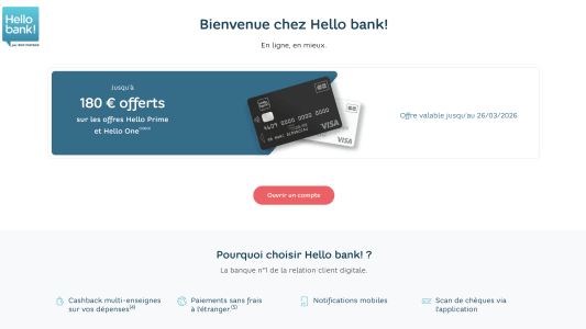 Pr&eacute;sentation de l'offre jusqu'&agrave; 180 euros offerts chez Hello Bank 