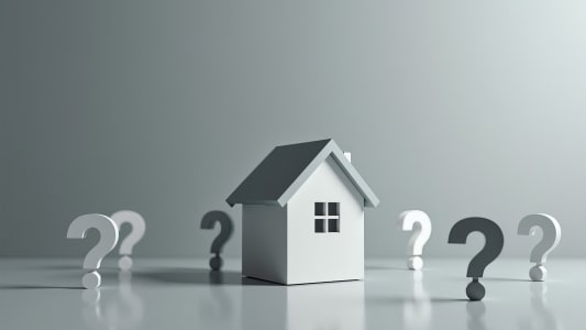 Maison miniature entour&eacute;e de points d'interrogation sur fond gris.