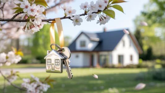 Cl&eacute; de maison suspendue &agrave; une branche fleurie.