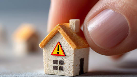 Doigt tenant une maison miniature avec un signe d?avertissement.