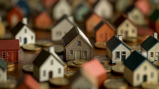 Petites maisons miniatures entour&eacute;es de pi&egrave;ces de monnaie dor&eacute;es.