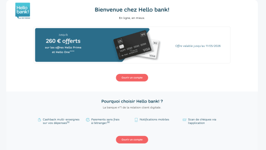 Capture du site hellobank.fr présentant l'offre de bienvenue Hello bank! avec 260 ? offerts.