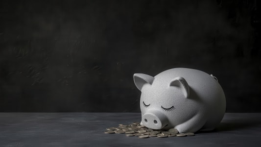 Tirelire cochon blanche avec pi&egrave;ces de monnaie devant elle.