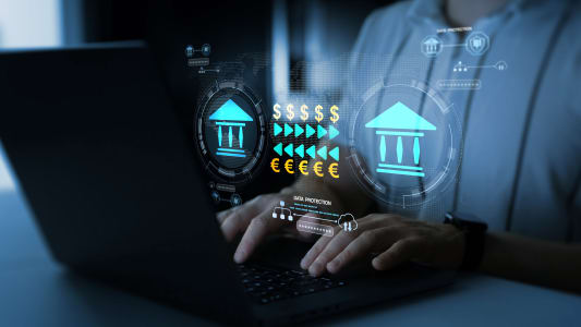 Transfert bancaire num&eacute;rique s&eacute;curis&eacute; avec symboles mon&eacute;taires et protection des donn&eacute;es.