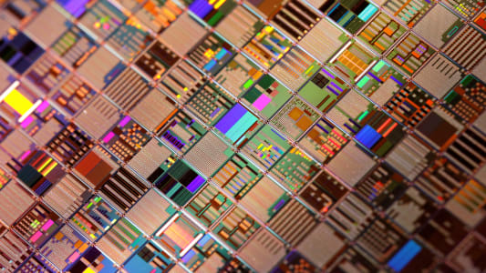 Silicium semi-conducteur wafer en gros plan.