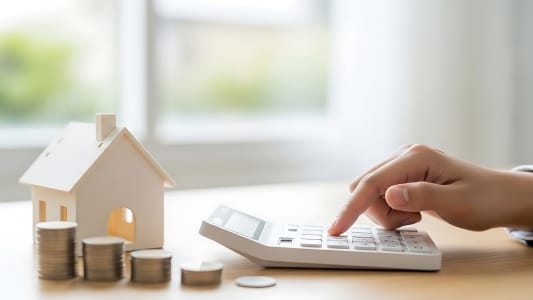 Maison miniature, pi&egrave;ces de monnaie, main utilisant une calculatrice.