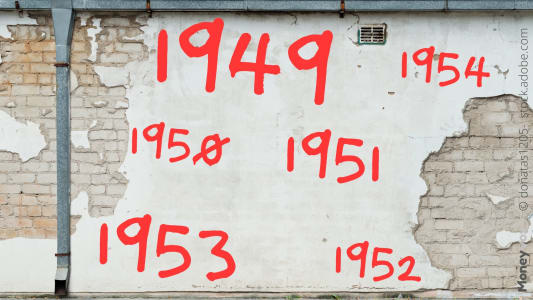 Dates rouges &eacute;crites sur un vieux mur ab&icirc;m&eacute; en brique. retraite