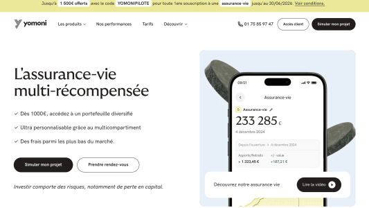 Capture du site yomoni.fr pr&eacute;sentant l'offre de bienvenue 1 500 euros offerts sur l'assurance vie