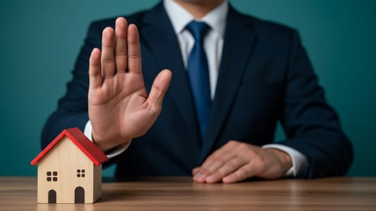 Homme en costume refuse l'acc&egrave;s &agrave; une maison miniature.