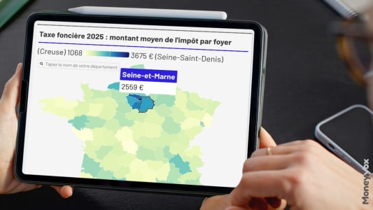 Carte de France montrant la taxe fonci&egrave;re moyenne par d&eacute;partement.