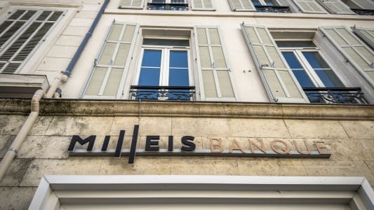 MARSEILLE, FRANCE - SEPTEMBER 29, 2025: Milleis Banque sign appears on the facade of an office in Marseille, France. Milleis Banque is a french retail bank specialized in private banking.