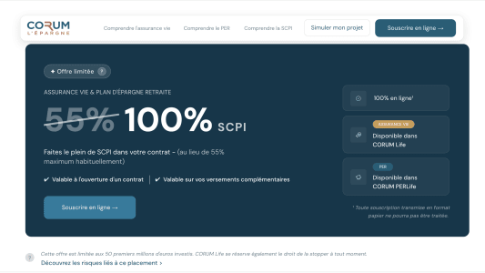 Capture du site CORUM présentant l'offre limitée