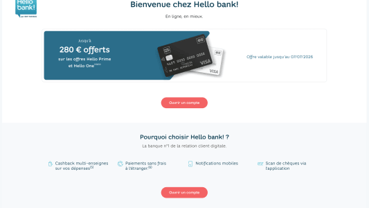 Hello bank ! offre jusqu'à 280 euros aux nouveaux clients cet été