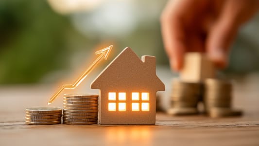 Maison, pi&egrave;ces de monnaie, fl&egrave;che montante, concept d'investissement immobilier.