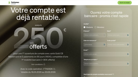 Capture du site Fortuneo pr&eacute;sentant l'offre de bienvenue Fortuneo jusqu'&agrave; 250? offerts