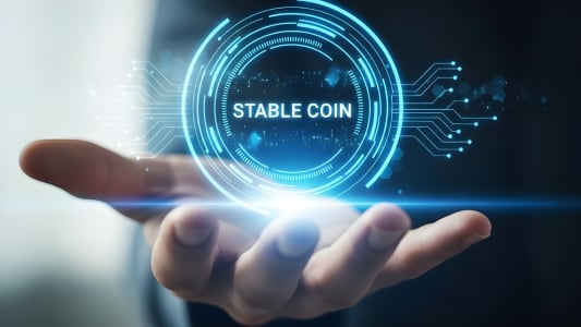 Main tenant un hologramme digital marqu&eacute; Stable Coin.