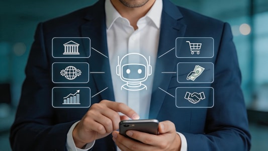 Homme en costume utilisant un smartphone, icônes d?intelligence artificielle.