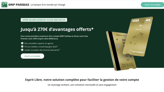 Capture du site BNP Paribas présentant l'offre jusqu'à 270 euros d'avantages offerts