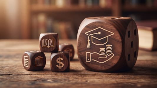 Dés en bois avec symboles d?éducation et finance gravés.
