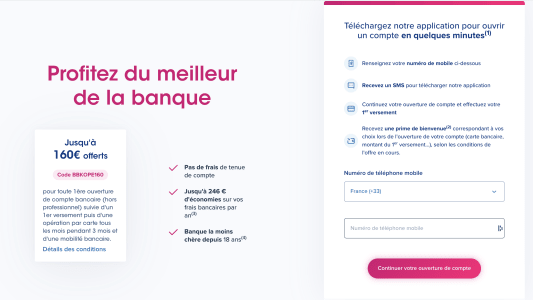 Capture du site BoursoBank pr&eacute;sentant l'offre de bienvenue jusqu'&agrave; 160 euros offerts