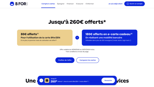 Capture du site BforBank présentant l'offre jusqu'à 260? offerts