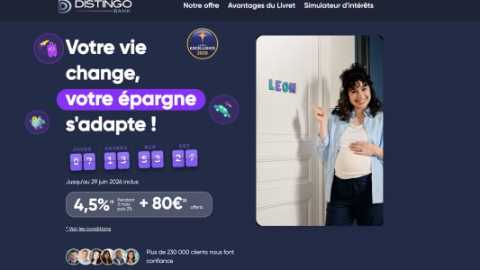 Capture du site distingobank.fr présentant l'offre de bienvenue du taux boosté 4,5%