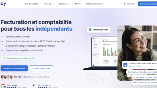 Capture du site Abby.fr proposant outils de facturation et comptabilité pour tous les indépendants