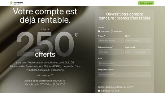 Capture du site Fortuneo&nbsp;pr&eacute;sentant l'offre de bienvenue 250? offerts 