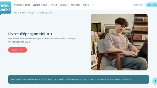 Capture du site Hello bank! présentant le taux boosté sur le livret hello +