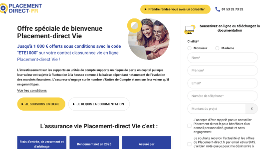 Capture du site placement-direct.fr pr&eacute;sentant l'offre de bienvenue sur placement-direct Vie