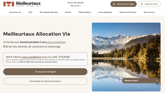 Capture du site placement.meilleurtaux.com présentant l'offre de bienvenue sur meilleurtaux Allocation Vie