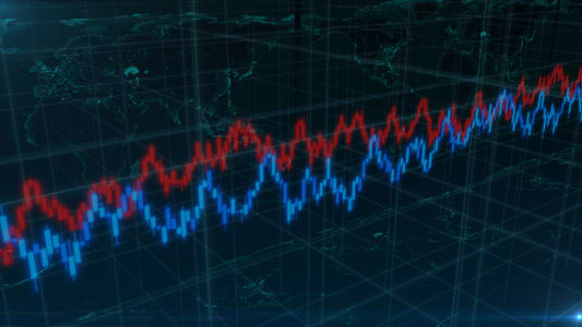 Arrière-plan du marché boursier bleu et rouge, graphique en chandelles, indice de profit, succès commercial, diagramme de prévision, information sur les pertes, rapport de progression, courbe économique, investissement, gestion, carte numérique du monde, hologramme