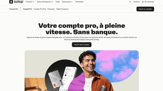 Capture du site SumUp présentant l'offre de compte pro gratuit
