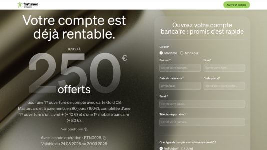 Capture du site Fortuneo présentant l'offre de bienvenue 250? offerts