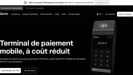 Capture du site Qonto présentant les terminaux de paiement mobile et l'offre -30% de réduction
