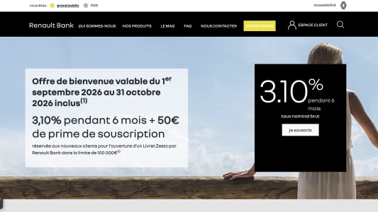 Capture du site Renault Bank, présentant le livret à taux boosté à 3,10%