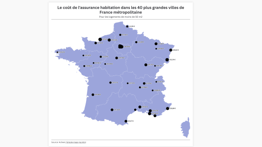 Carte des coûts d'assurance habitation dans les grandes villes françaises.