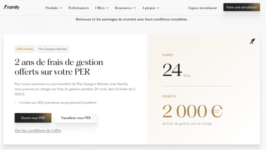 Capture du site Ramify présentant l'offre 2 ans de frais de gestion sur le PER