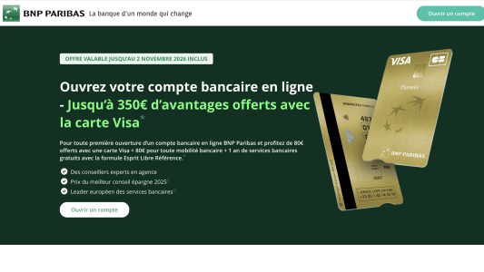 Offre BNP Paribas : jusqu?&agrave; 350? offerts pour ouverture compte.