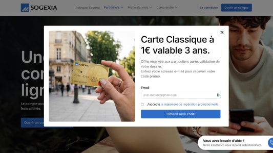 Capture du site Sogexia pr&eacute;sentant l'offre de carte bancaire classique &agrave; 1 ? pendant trois ans.