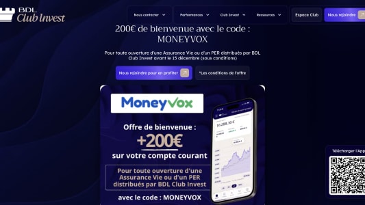 Page promotionnelle de BDL Club Invest offrant 200 ? avec le code MONEYVOX.