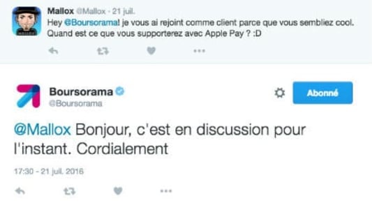 Copie d'cran d'un tweet d'un client Boursorama concernant ApplePay