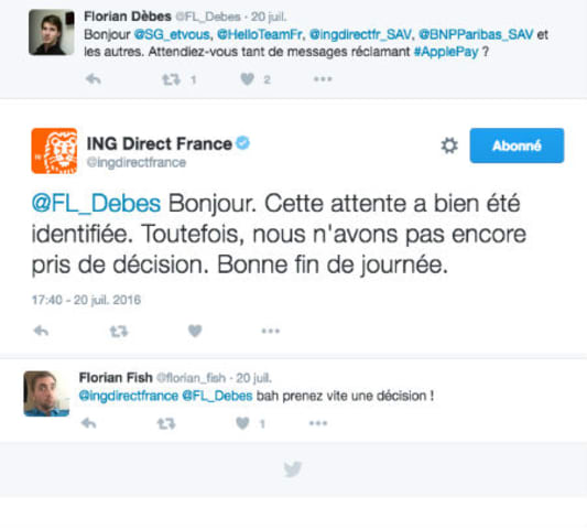 Copie d'&eacute;cran d'un tweet d'un follower de ING Direct concernant ApplePay